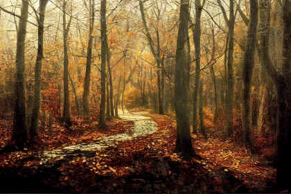 Tranquil Trail in the Woods: A Photo-realistic Landscape Painting