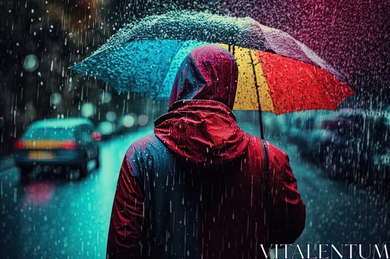 Rainy Day with Rainbow Colored Umbrella - Street Photography AI Image