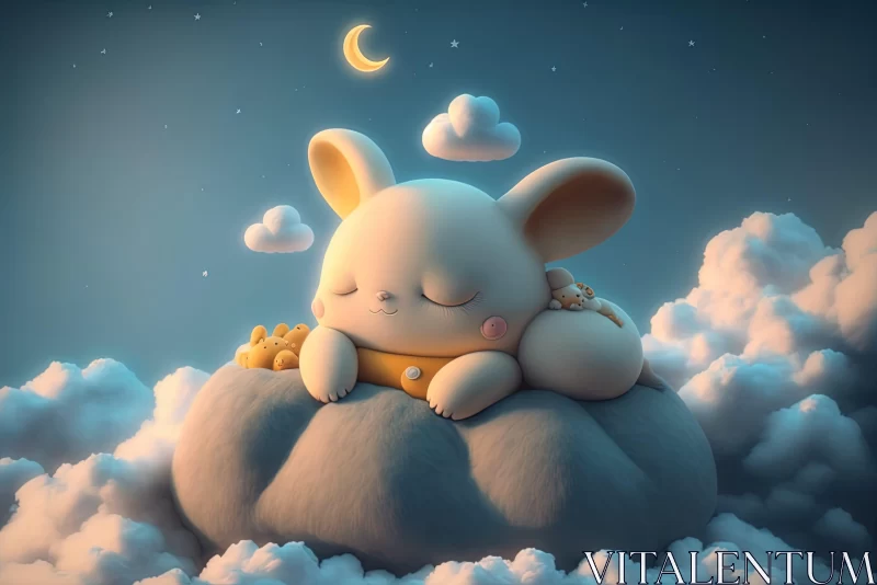 Dreamy Nightscape: Little Bunny Sleeping on Clouds AI Image