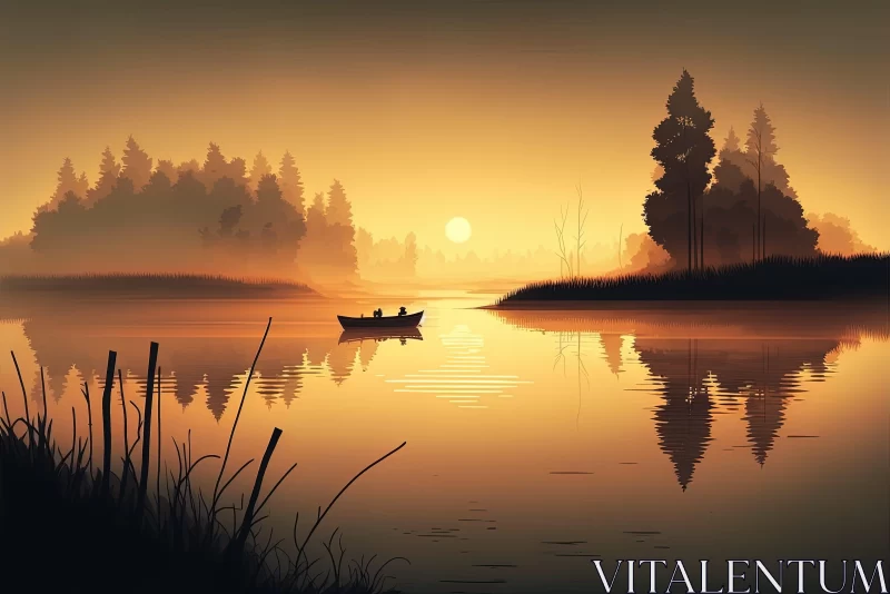 Romantic Sunset Scene with Boat Silhouette AI Image