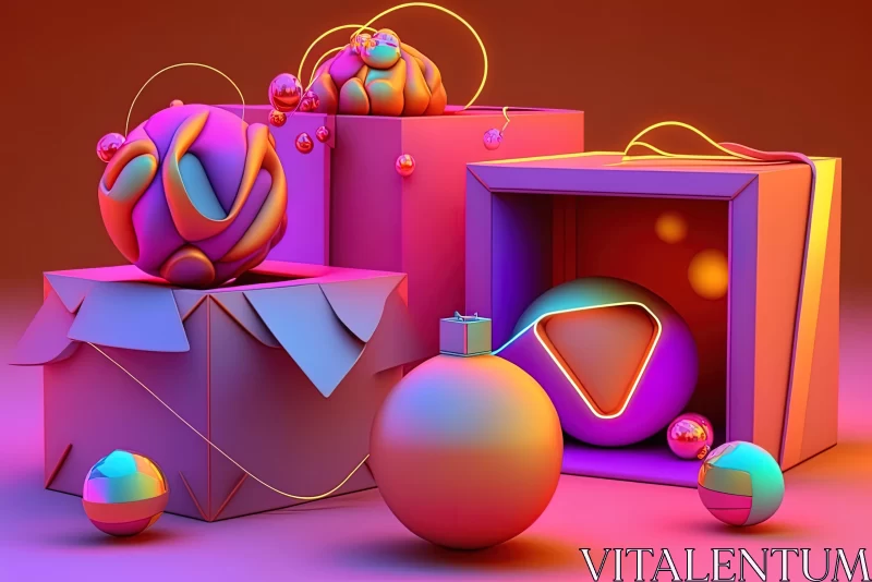 Abstract Neon-Colored Boxes With Ornaments - Intricate 3D Art AI Image