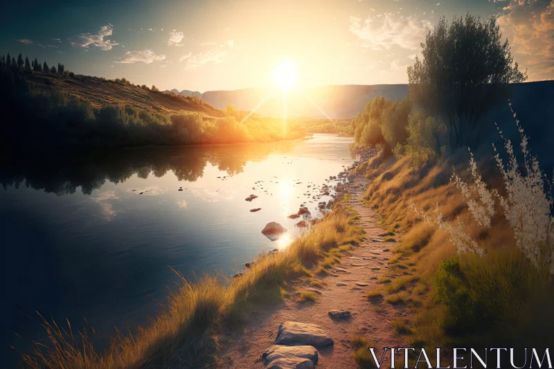 Golden Light Pathway to River - Idyllic Zen-Inspired Landscape AI Image