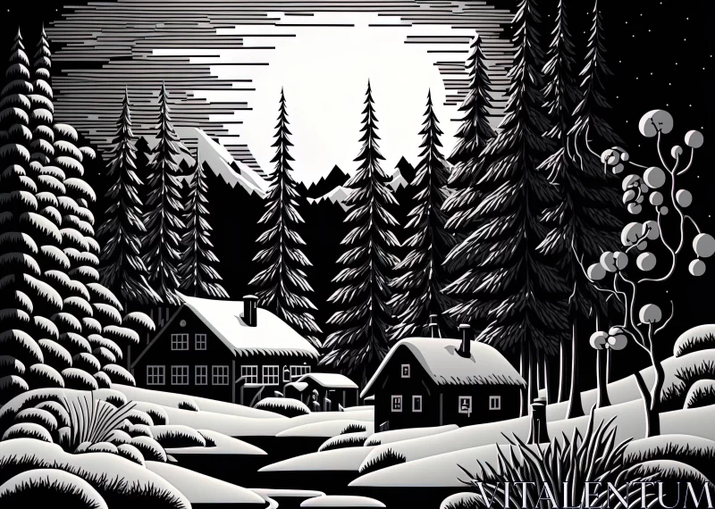 Black and White Woodcut-Style Night Forest Illustration AI Image