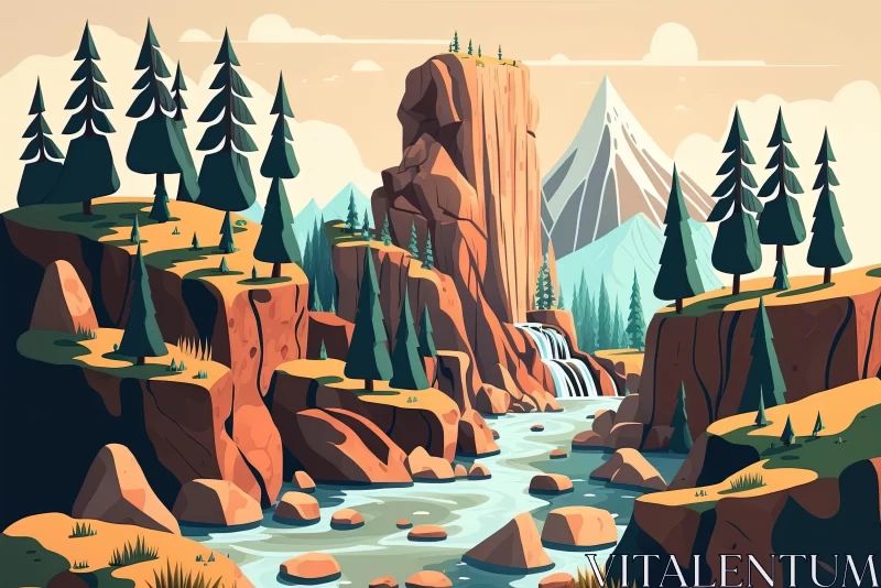 Captivating Mountain Landscape with Waterfall Illustration AI Image