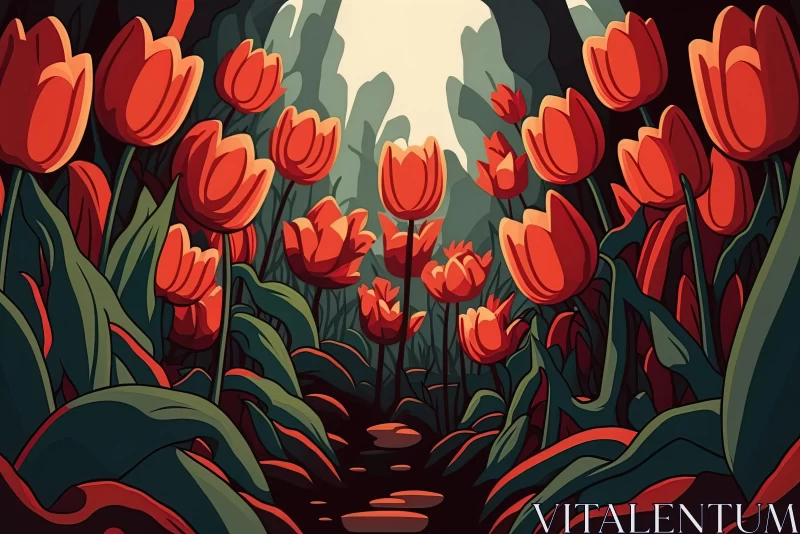 Pop-Art Style Tulips on a Cave Path Illustration AI Image