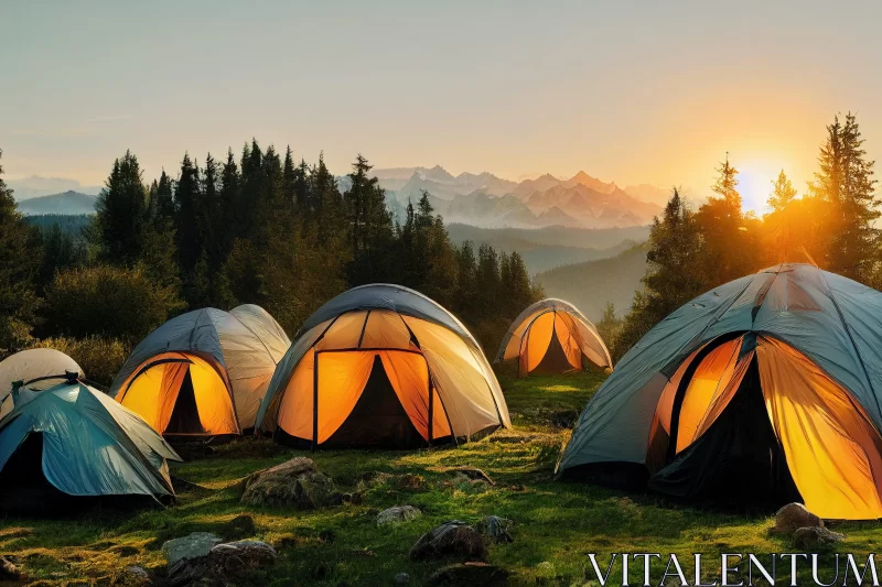Sunrise Tents on Mountain - A Blend of Nature and Art AI Image