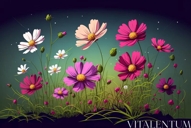 Field of Flowers Under Midnight Sky - A Fusion of Realism and Cartoon Style AI Image