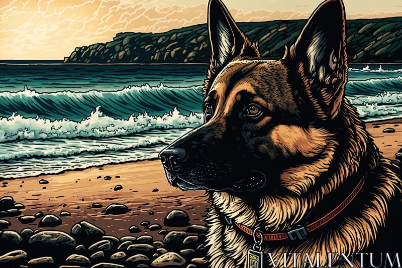 German Shepherd on Beach at Sunset - Contemporary Canadian Art AI Image