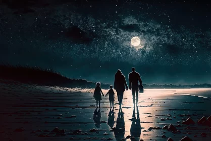 Moonlit Family Walk on Beach in Space Art Style