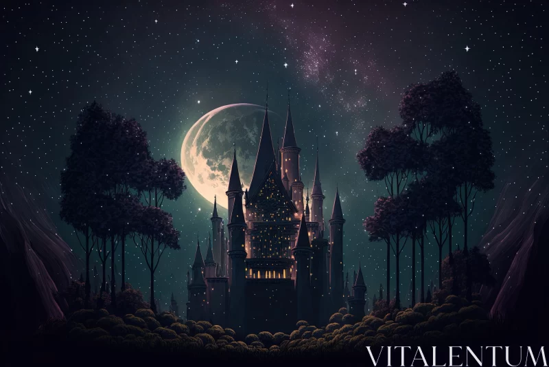 Dreamy Night Castle Under Full Moon Illustration AI Image