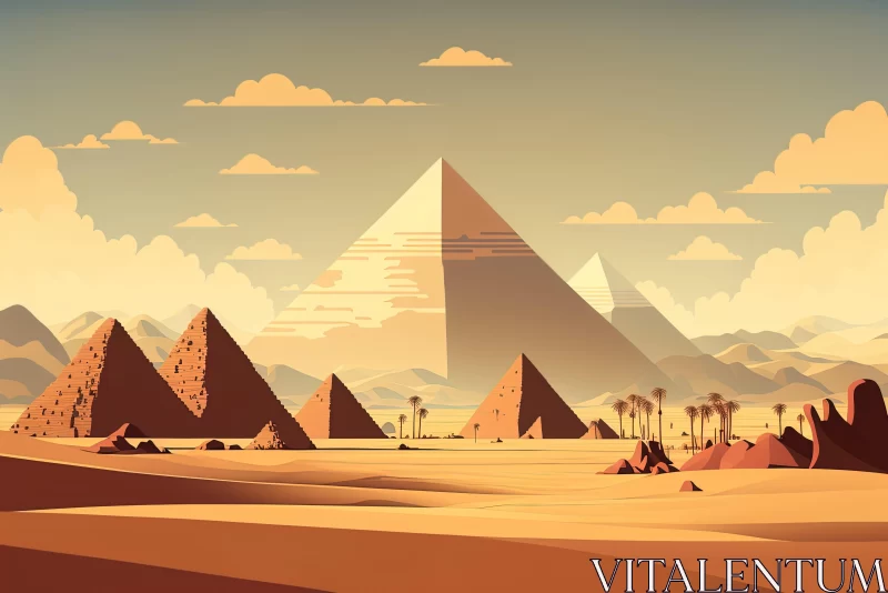 Egyptian Sunset and Pyramids: A Mid-century Styled Illustration AI Image