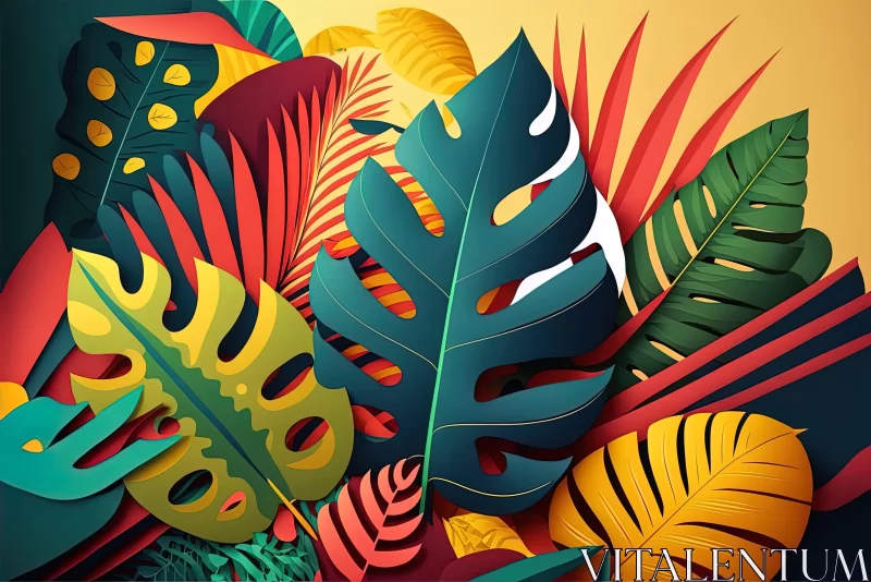 Colorful Tropical Leaves Art Illustration AI Image