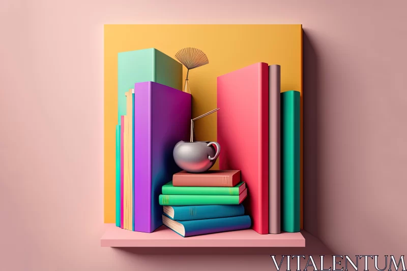 Surrealistic Still Life - Bookshelf and Cup on Pink Background AI Image