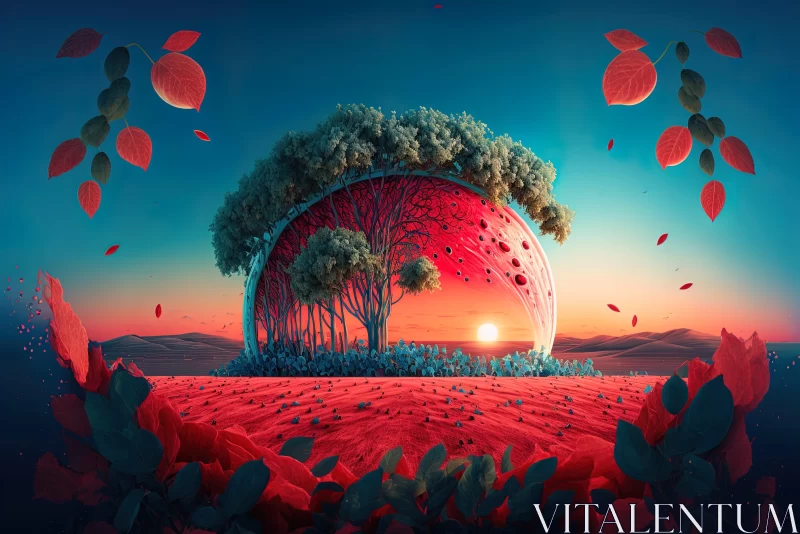 Surreal 3D Landscape with Spherical Sculptures and Ethereal Trees AI Image