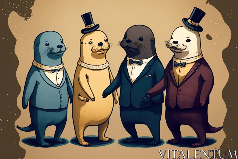 Graphic Novel Inspired Illustrations of Sea Lions in Tuxedos and Top Hats AI Image