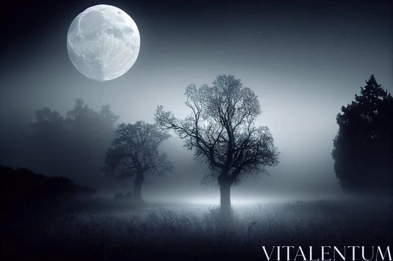 Mysterious Full Moon Night with Ethereal Trees AI Image