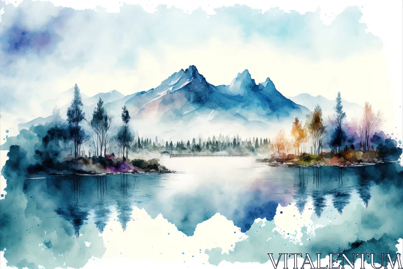Ethereal Watercolor Landscape of Mountains and Lake AI Image