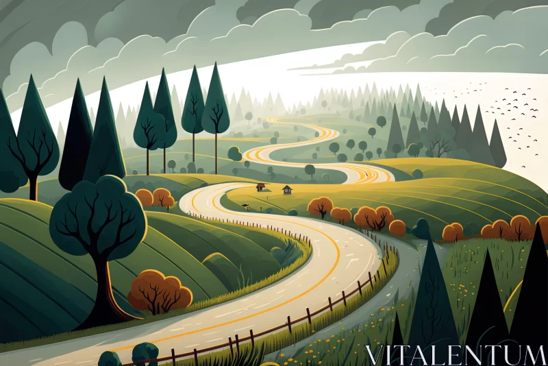 AI ART Grey and Amber Illustration of Winding Road Amidst Trees