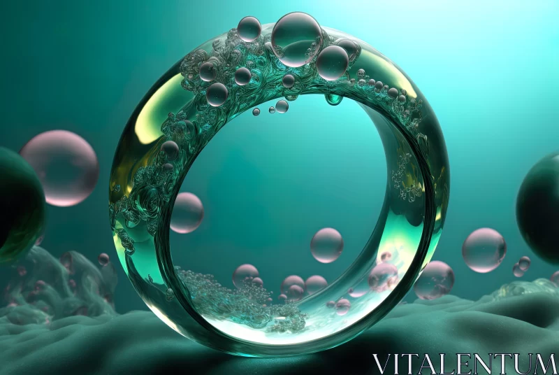 Surreal Abstract Art - Bubbles and Ring in Emerald and Cyan AI Image