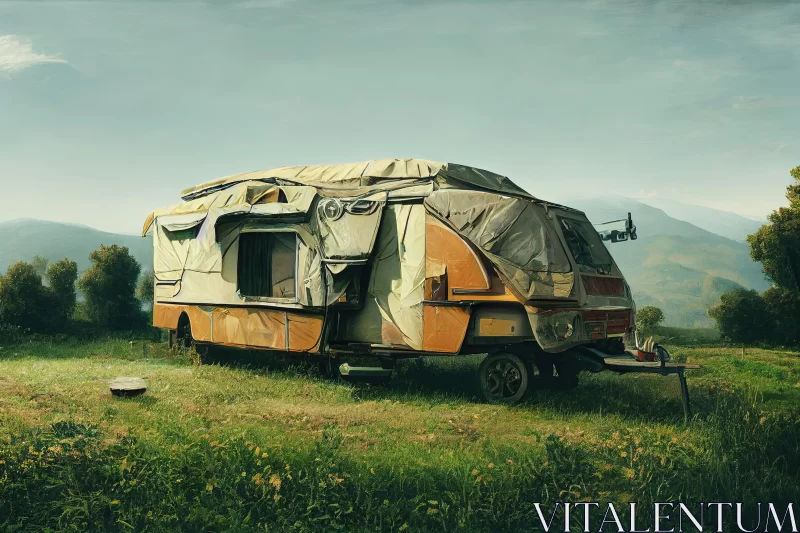 Old Caravan in Field: A Study in Solitude and Tranquility AI Image