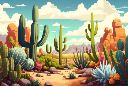 Cartoon Desert Landscape with Cactus - Oil-Painting Style