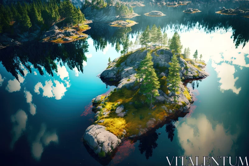 Scenic Island in Lake: Norwegian Nature and Forestpunk Aesthetics AI Image