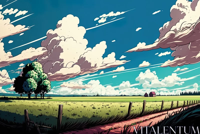 Anime-Style Rural Landscape with Expansive Skies AI Image