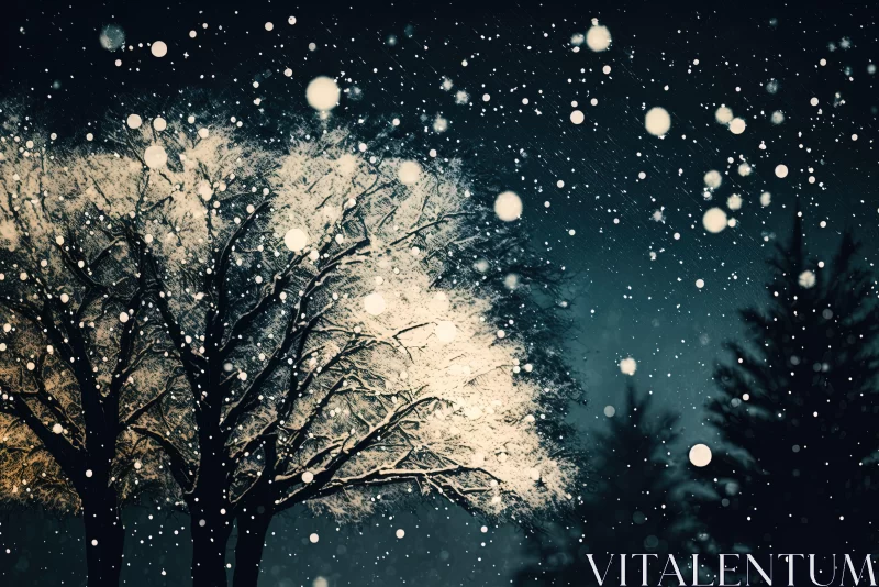 Snow Falling on Trees Under Night Sky: A Study in Dreamy Realism AI Image