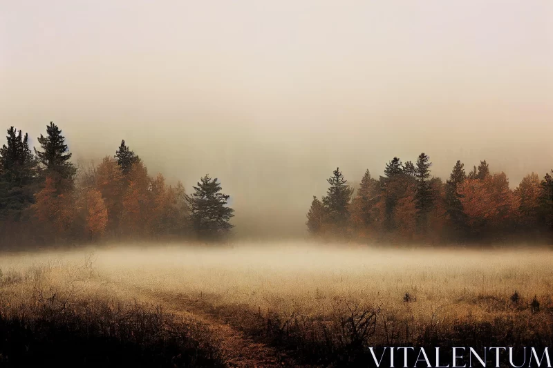 Foggy Field and Forest Landscape in Beige and Amber AI Image