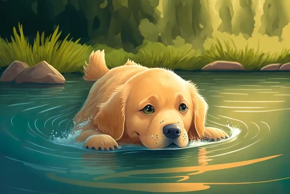 Golden Retriever Puppy by Calm Waters - Dreamlike Art Illustration