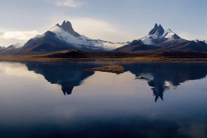 Mountain Peaks Reflected in Water: Panoramic Landscape