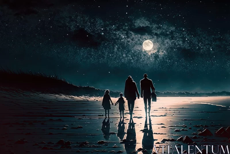 Moonlit Family Walk on Beach in Space Art Style AI Image