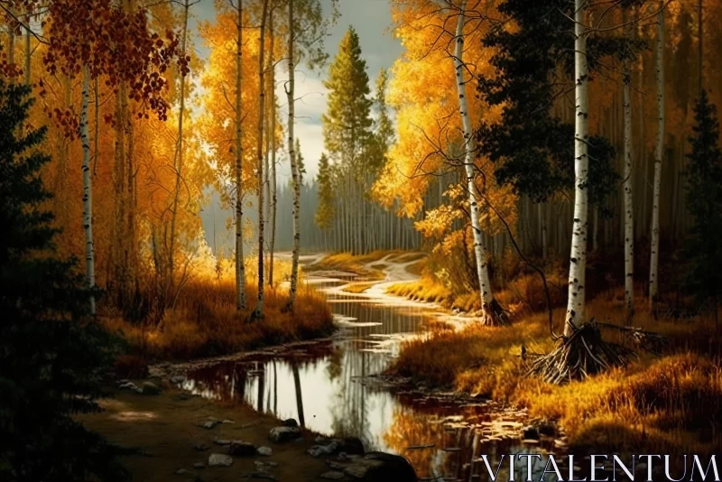 Autumn Forest Stream - Silver and Light Amber Tones AI Image
