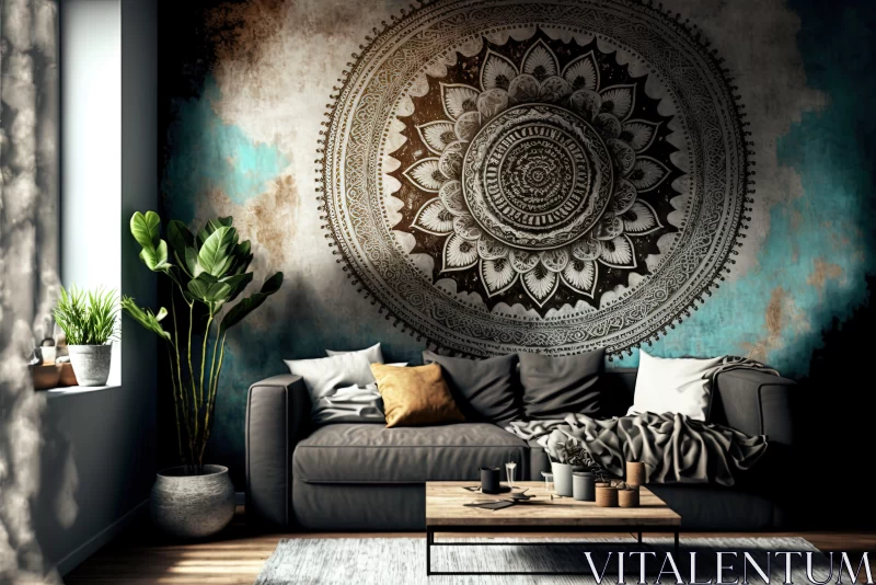 Exotic Wall Mural in Living Room - Indian Traditions & Psychedelic Influences AI Image