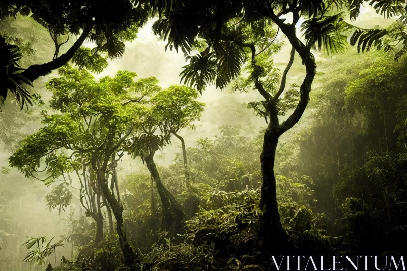 Mystical Journey into a Lush and Foggy Tropical Rainforest AI Image