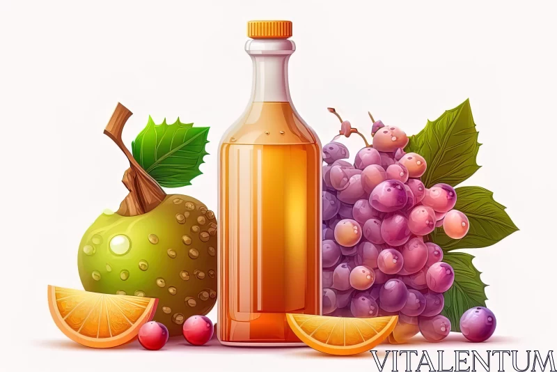 AI ART Realistic Fruit and Juice Bottle Illustration in Light Purple and Amber Tones