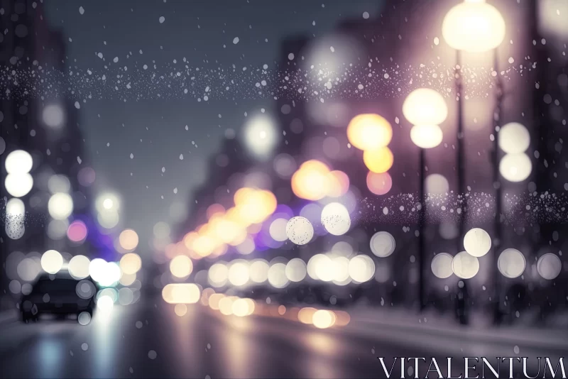 Snowy City Street Under Festive Lights AI Image