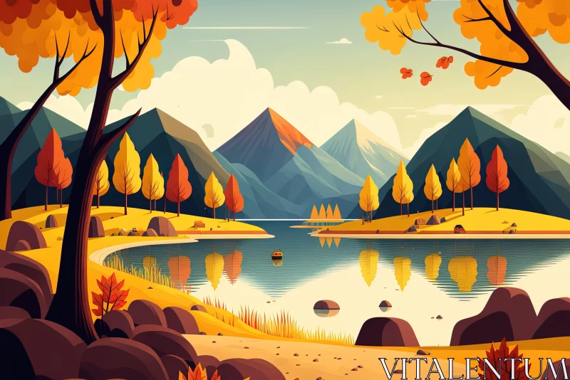 Autumn Landscape Illustration: Mountains, Trees, and Lake AI Image