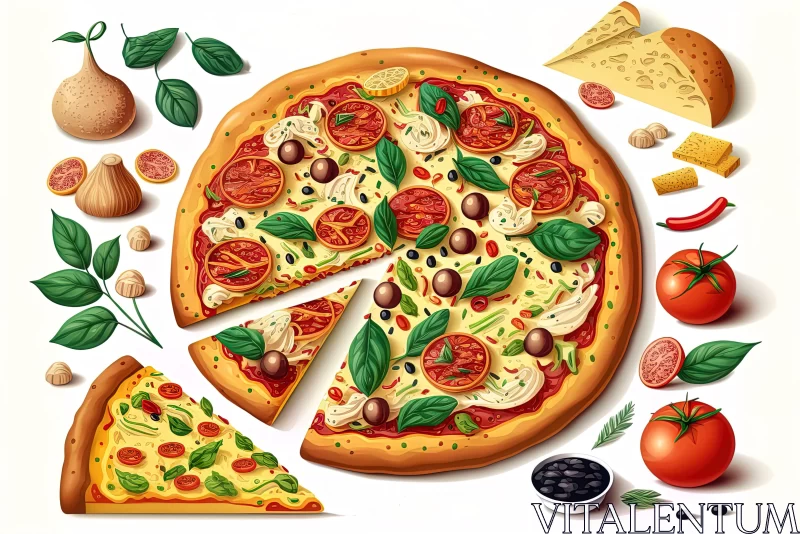 Delicious Pizza Slice Illustration with Detailed Foliage AI Image