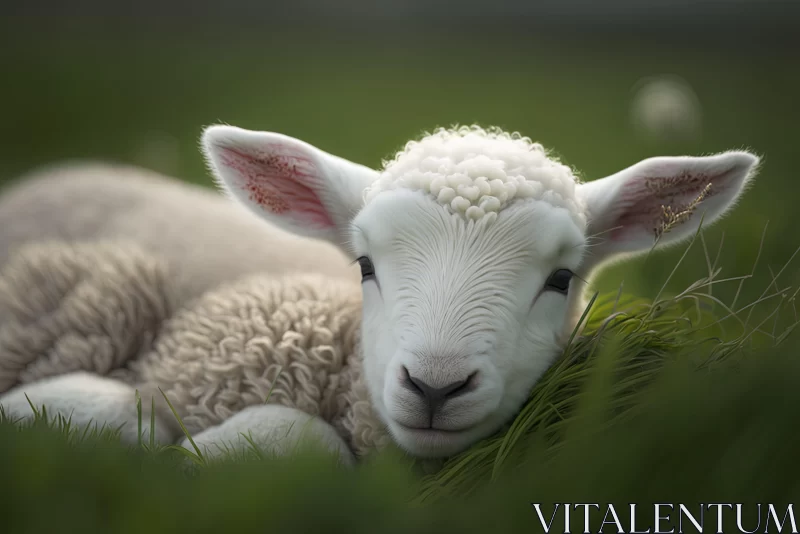 Peaceful Baby Sheep in Pastoral Setting AI Image