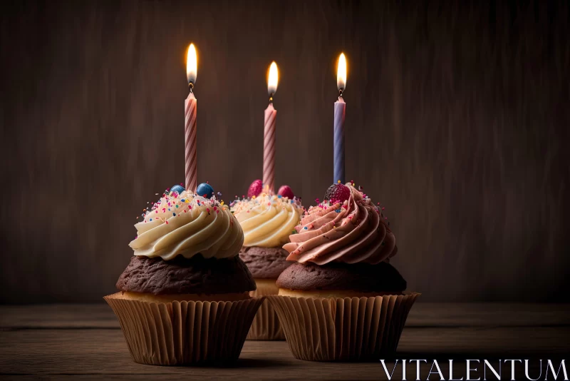 Birthday Cupcakes on Wooden Background - Still Life Photography AI Image