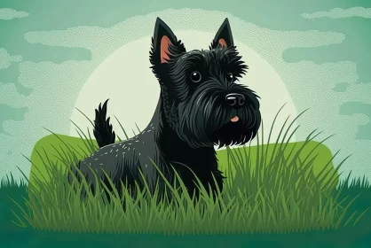Cartoon Scottish Terrier in Grass at Sunset Illustration
