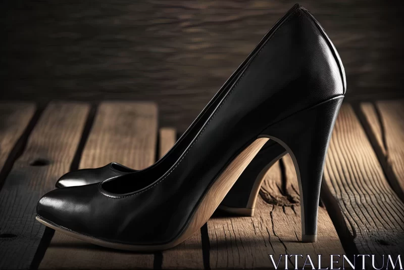 Classicist Black High-Heeled Shoes Against Wooden Background AI Image