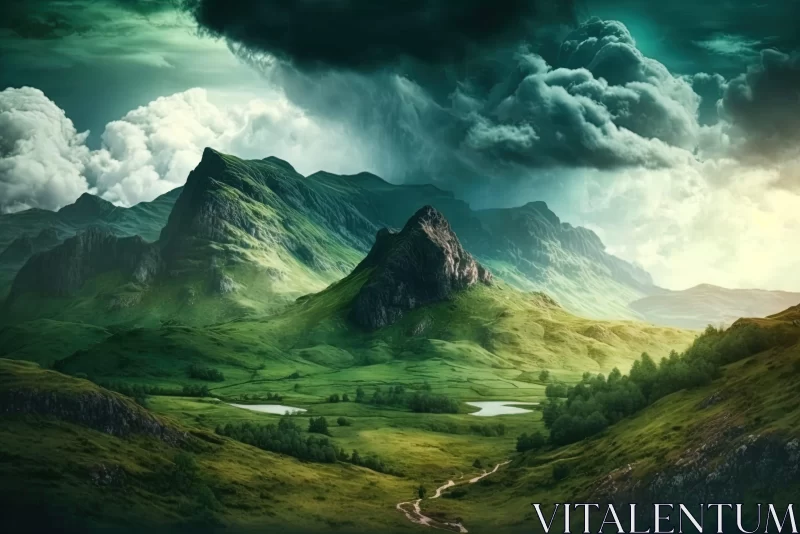 Fantasy Art in Green Landscape with Stormy Clouds AI Image