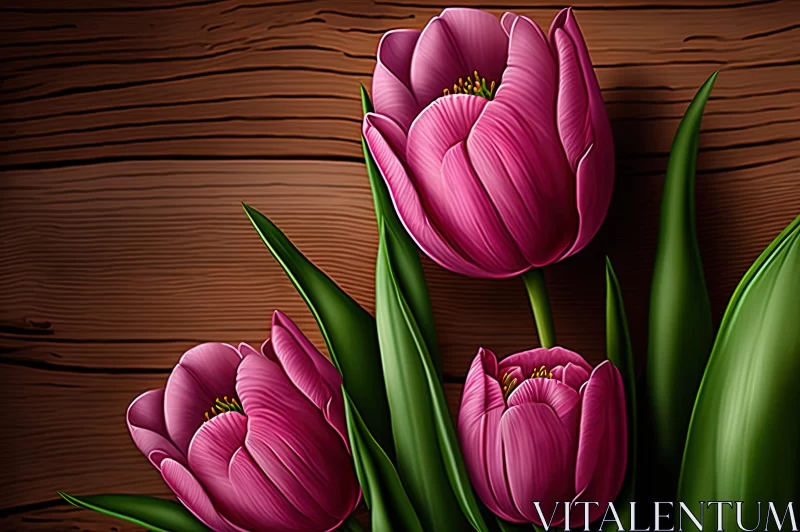 Pink Tulips on Wooden Background - Detailed Artistic Illustration AI Image