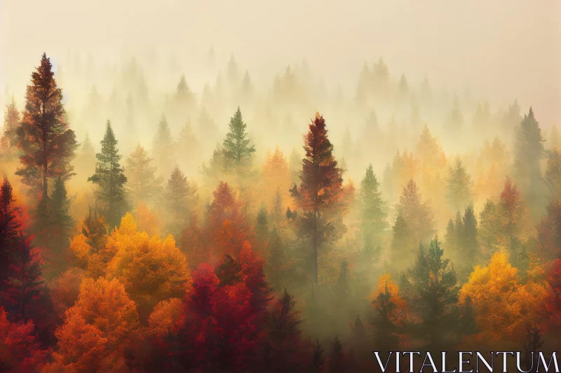 Psychedelic Autumn Landscape: Foggy Trees in Amber and Red AI Image