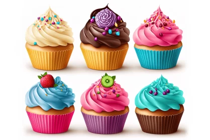 Detailed and Colorful Cupcake Illustrations on White Background