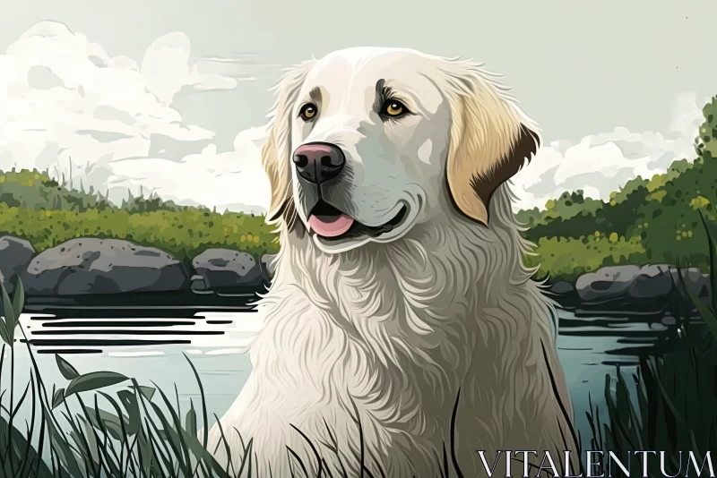 Golden Retriever by the Lake: A Detailed Character Illustration AI Image