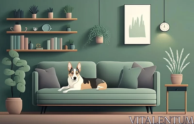 Animated Illustration of Dog on Sofa in Green Interior AI Image