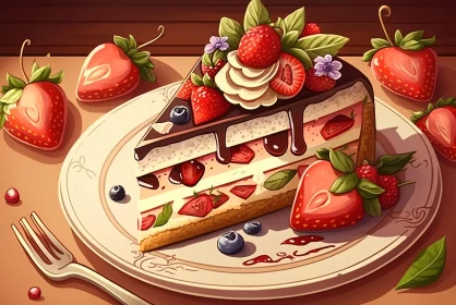 Charming Strawberry Pie and Ice Cream Illustration in Multilayered Realism